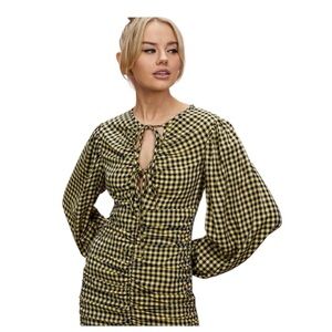 NWT! Topshop Yellow Checkered Tie-Front Balloon-Sleeve Ruched Mini Dress. Size 8